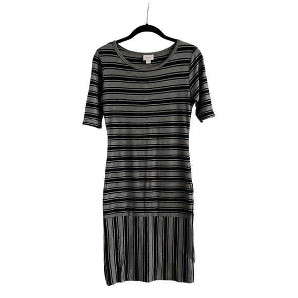 LuLaRoe Julia Dress Women's Size XXS Black Gray Striped T-Shirt Bodycon Casual - Picture 1 of 6